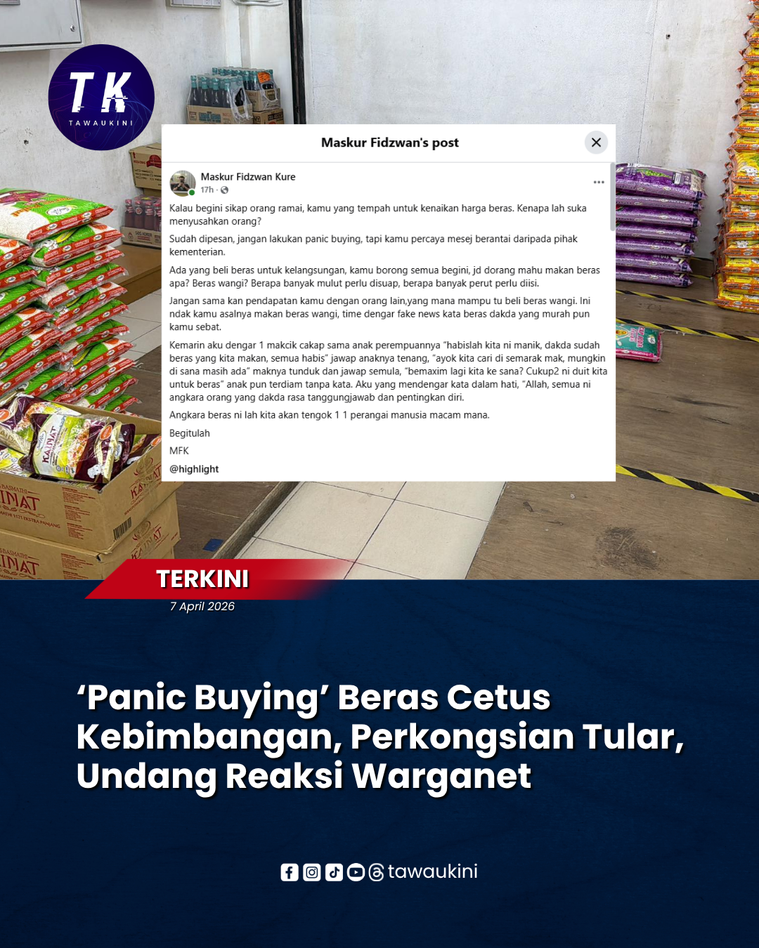 Panic Buying Beras Cetus Kebimbangan, Perkongsian Tular Undang Reaksi Warganet