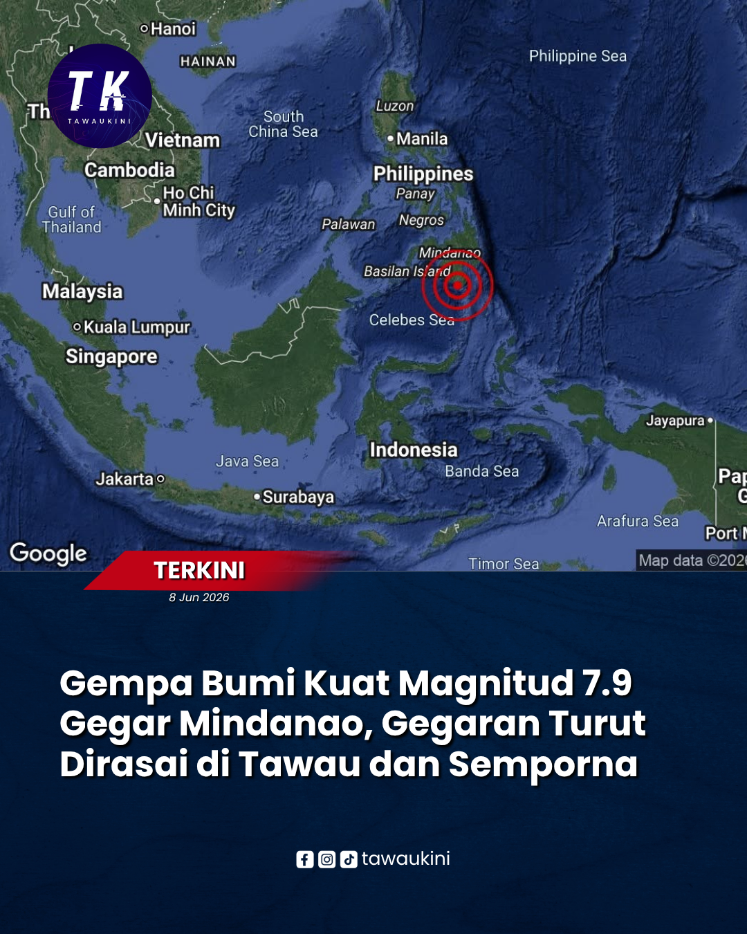 Gempa Bumi Kuat Magnitud 7.9 Gegar Mindanao, Gegaran Turut Dirasai di Tawau dan Semporna