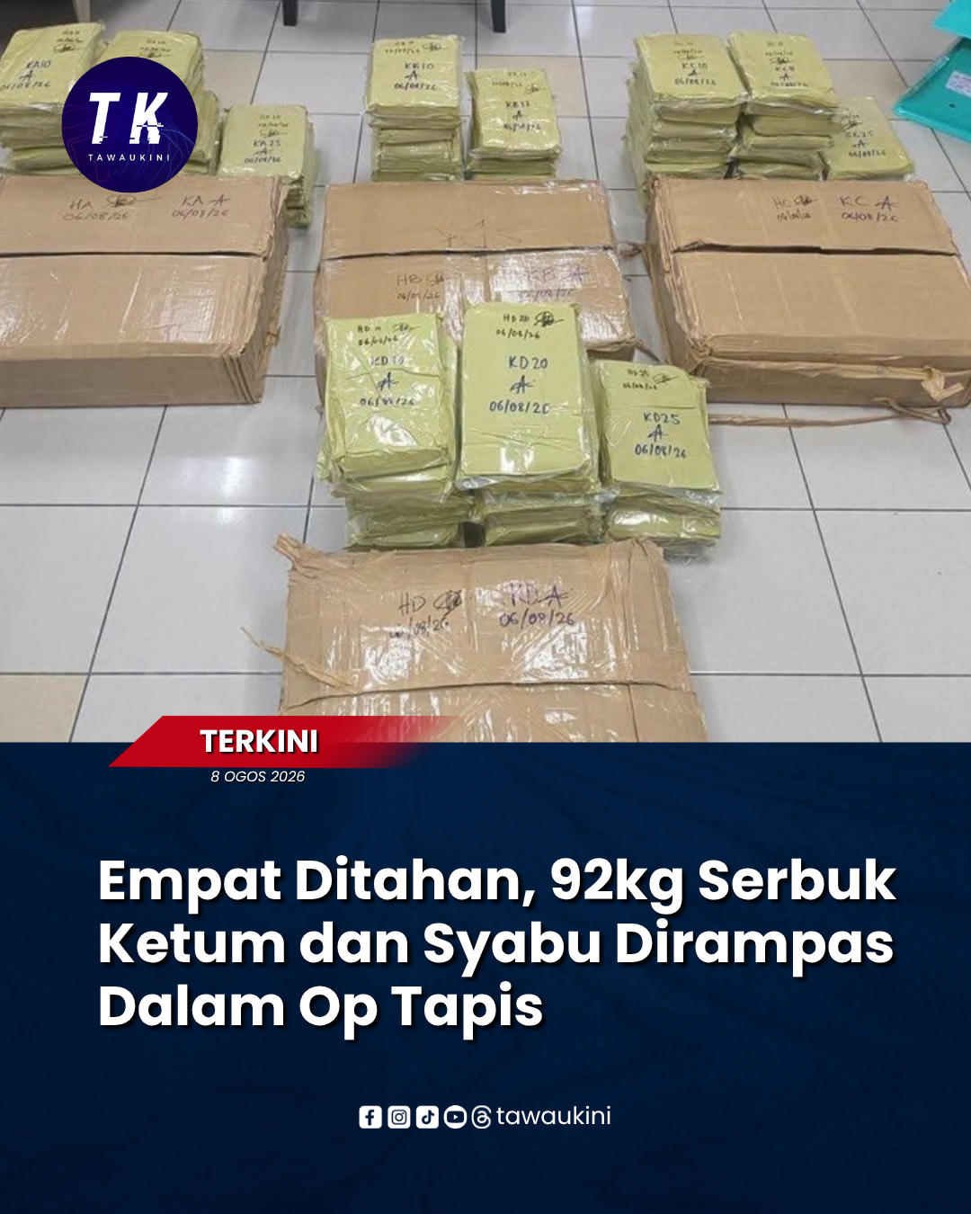 Empat Ditahan, 92kg Serbuk Ketum dan Syabu Dirampas Dalam Op Tapis