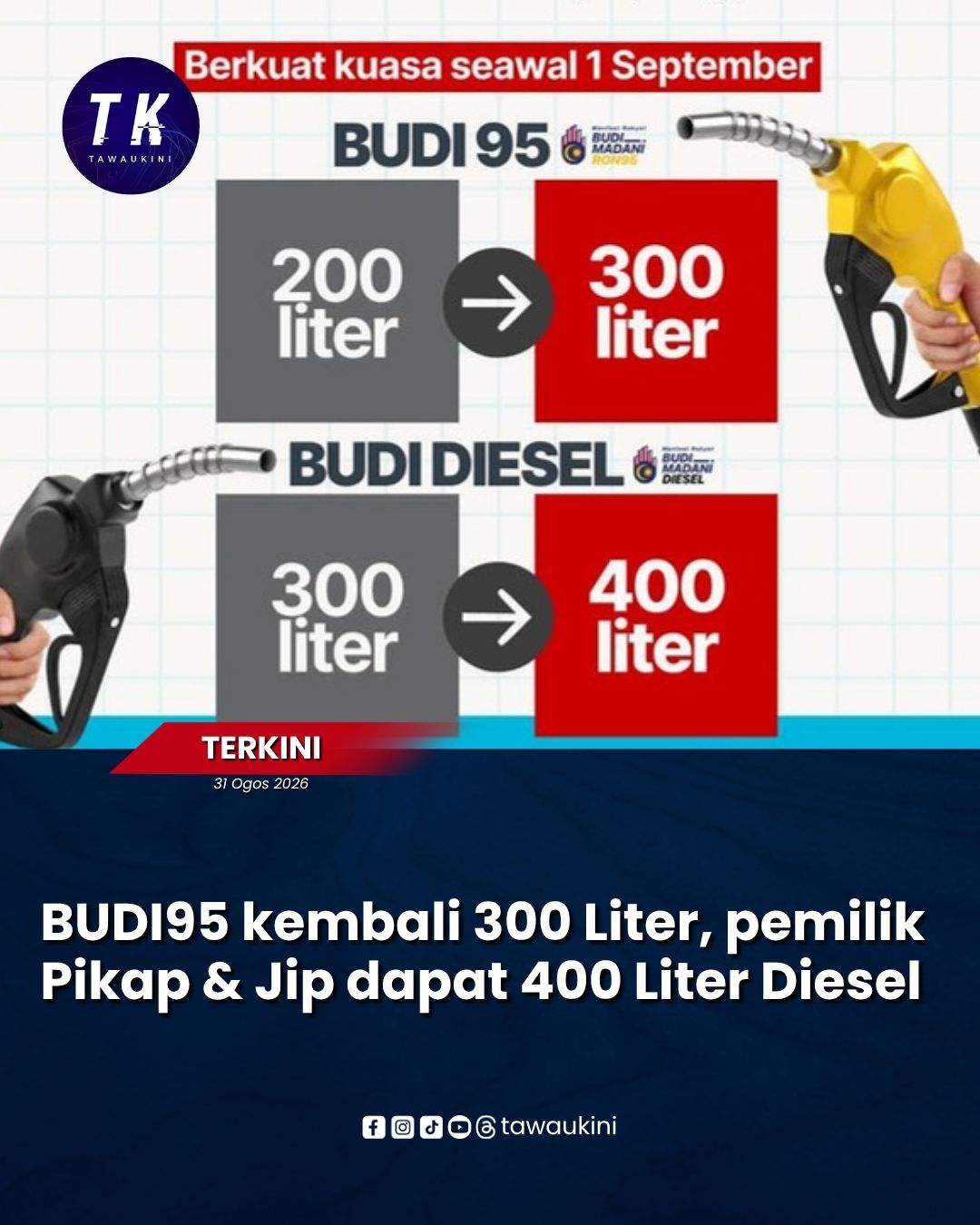BUDI95 kembali 300 Liter, pemilik Pikap & Jip dapat 400 Liter Diesel