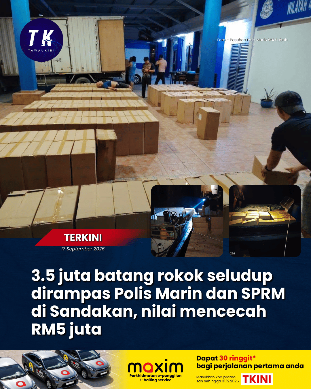 3.5 juta batang rokok dirampas Polis Marin dan SPRM di Sandakan, nilai mencecah RM5 juta