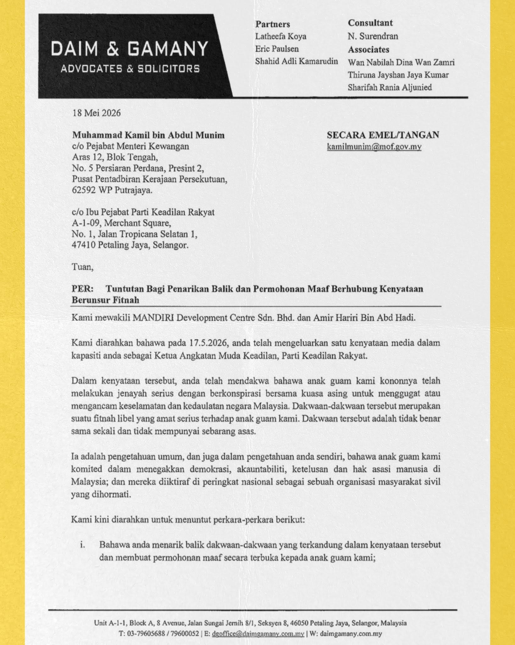 Foto - Letter of Demand (LOD) Mandiri terhadap Kamil Munim