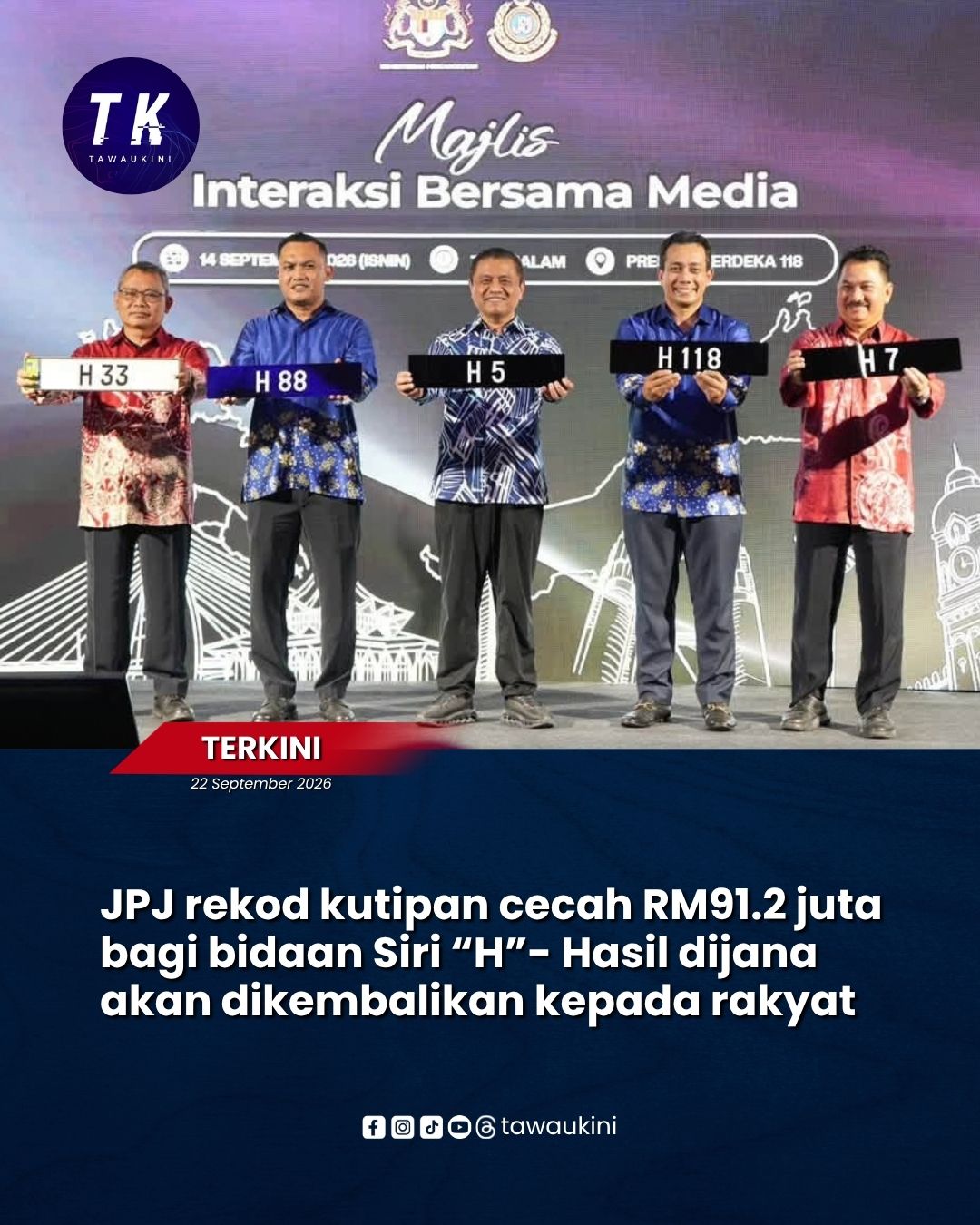 JPJ rekod kutipan cecah RM91.2 juta bagi bidaan Siri “H”- Hasil dijana akan dikembalikan kepada rakyat