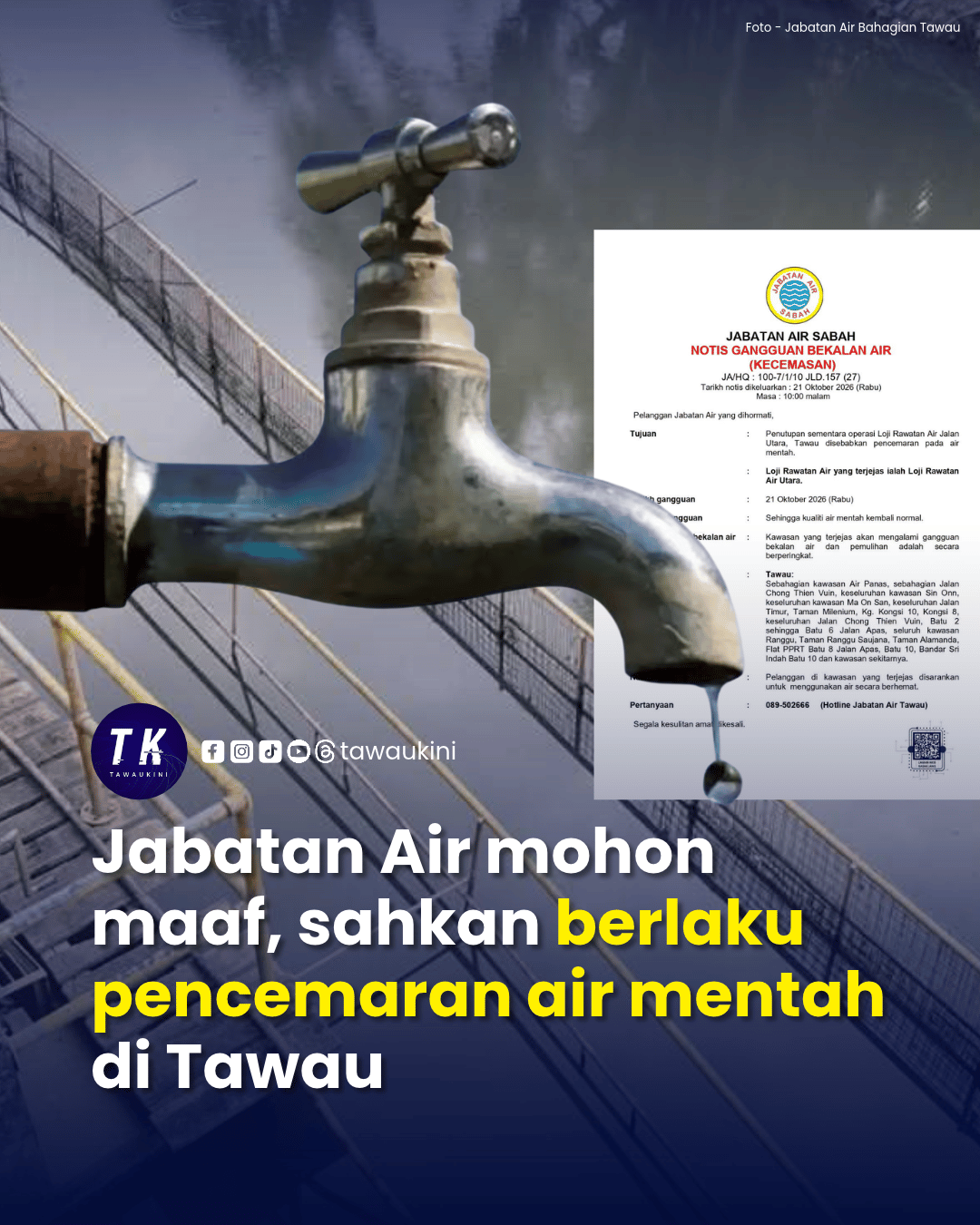 Jabatan Air mohon maaf, sahkan berlaku pencemaran air mentah di Tawau