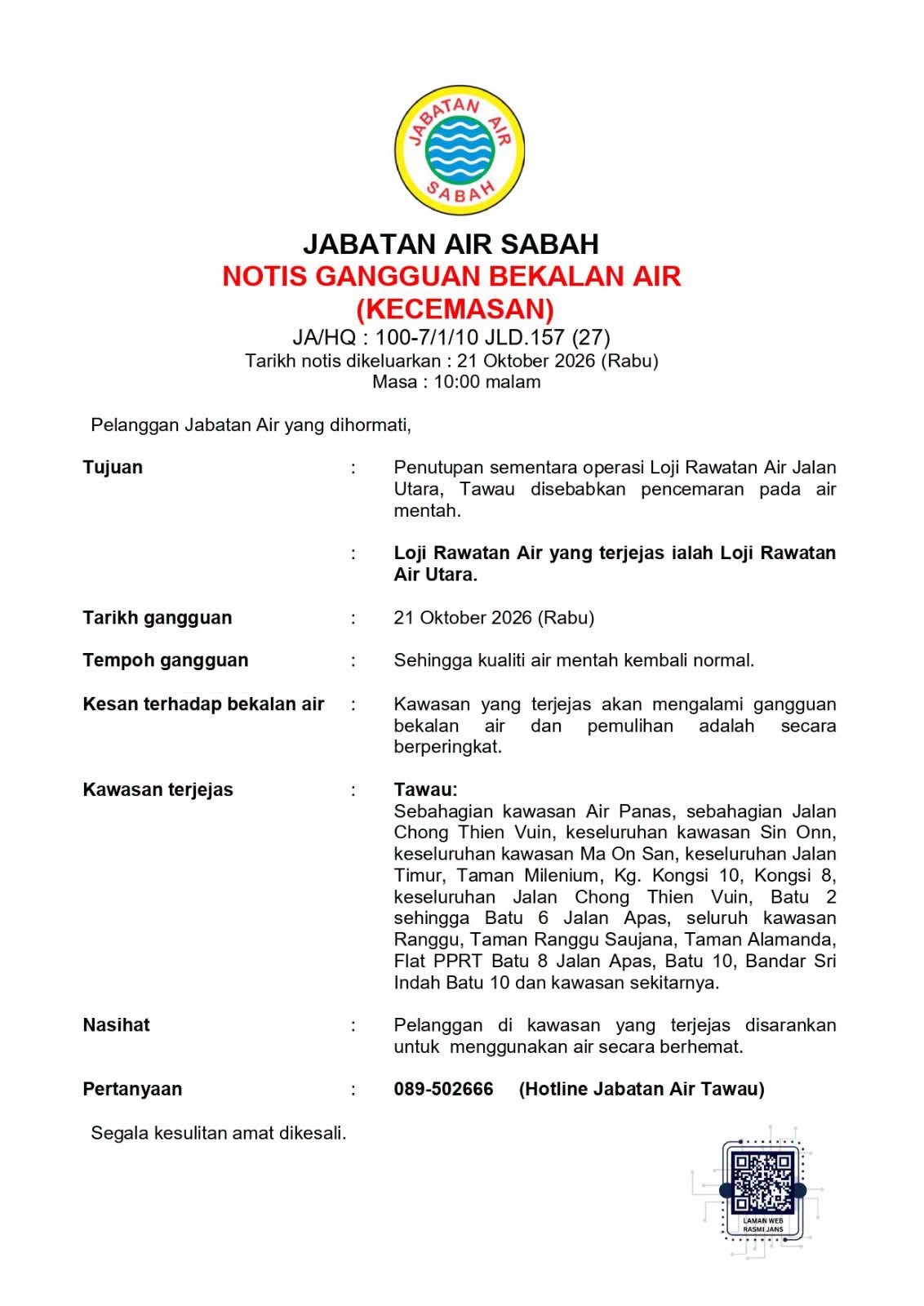 Pencemaran air mentah di Tawau