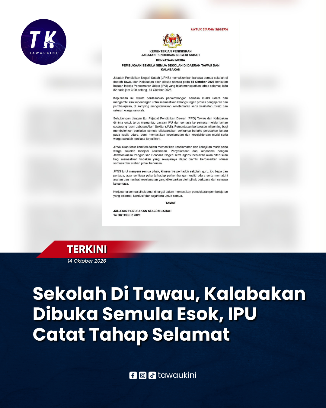 Sekolah Di Tawau, Kalabakan Dibuka Semula Esok, IPU Catat Tahap Selamat