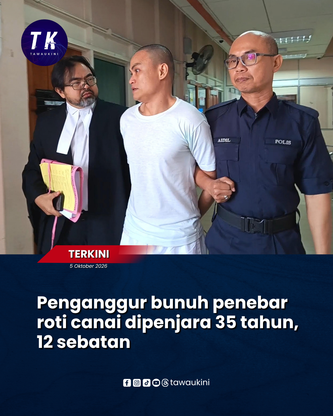 Penganggur bunuh penebar roti canai dipenjara 35 tahun, 12 sebatan