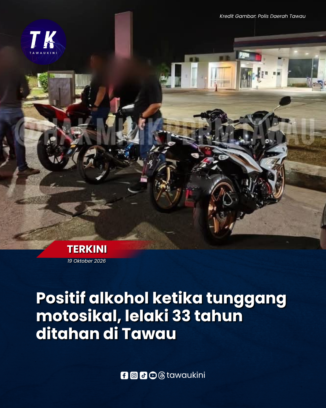Positif alkohol ketika tunggang motosikal, lelaki 33 tahun ditahan di Tawau